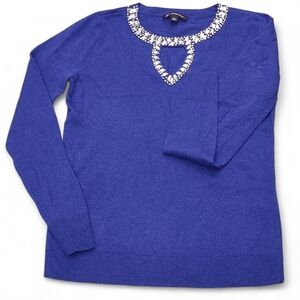 Sapphire Blue Silk / Cashmere Blend Sweater w/ Embellished Rhinestone Neckline